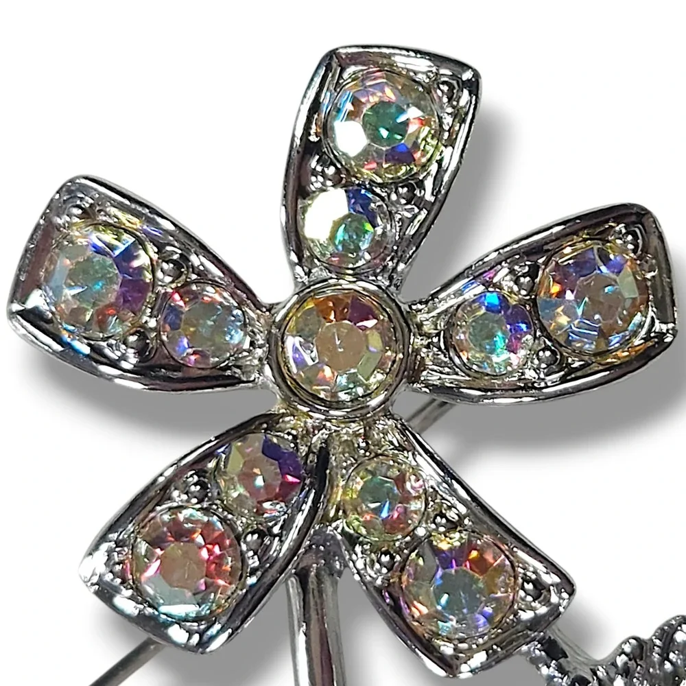 Sarah Coventry Flower Brooch Silver Tone Aurora Rhinestone Floral Vintage Pin OS
